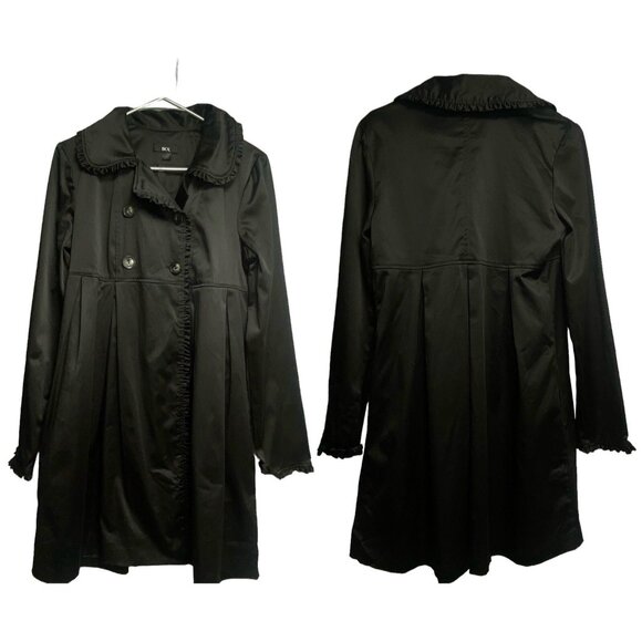 BCX Women Mid Length Swing Coat Sz L Black Satin Long Sleeve Elegant Goth 43-13 - Picture 1 of 13